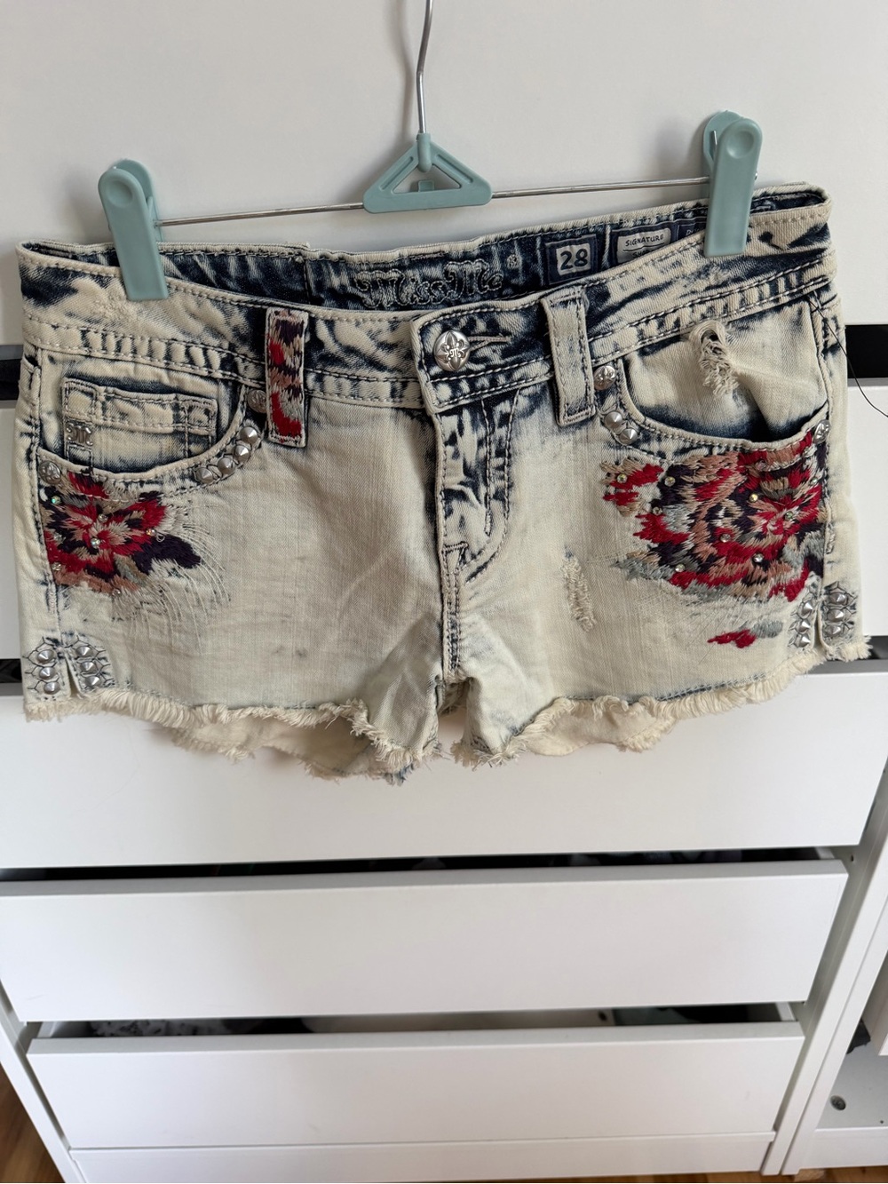Embellished Distressed Denim Shorts with Red Floral Embroidery